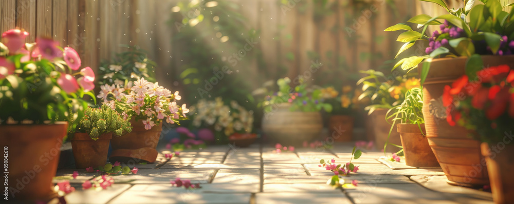 Fototapeta premium A cozy patio with pots of spring flowers, warm sunlight, and soft shadows.