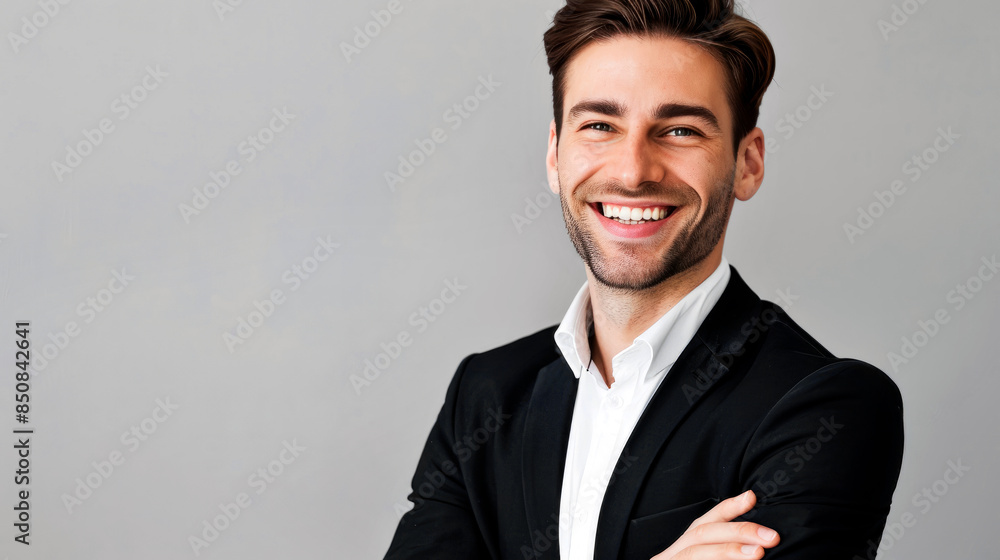 A young male businessman in a suit and with a smile stands on a gray background. Copy space. A young male businessman in a suit and with a smile stands on a gray background. Copy space.