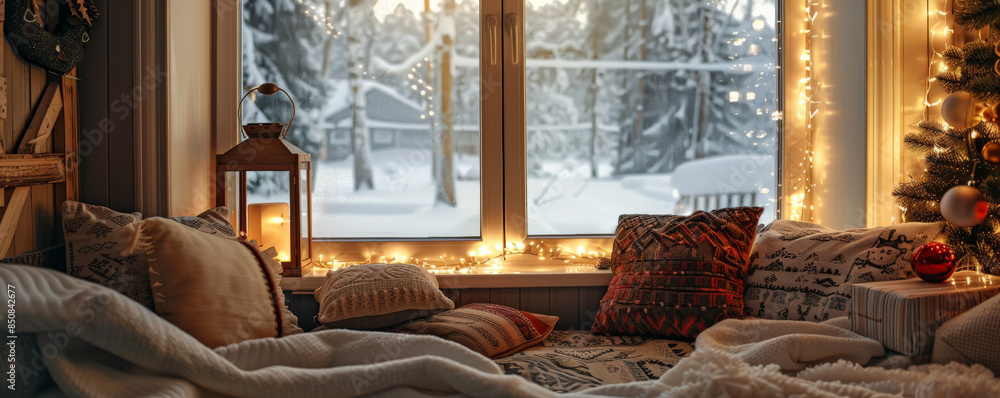 A cozy reading nook with holiday decorations, a snowy window view, and warm, soft lighting. A cozy reading nook with holiday decorations, a snowy window view, and warm, soft lighting.