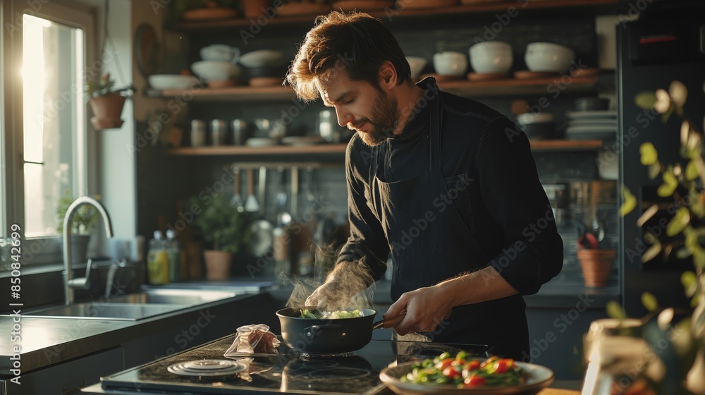 A chef preparing food in a sunlit kitchen with steam rising from a pan. A chef preparing food in a sunlit kitchen with steam rising from a pan.