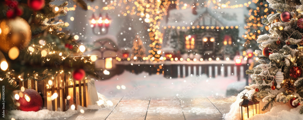 A festive holiday workshop with twinkling lights, holiday decorations, and a snowy backdrop. A festive holiday workshop with twinkling lights, holiday decorations, and a snowy backdrop.