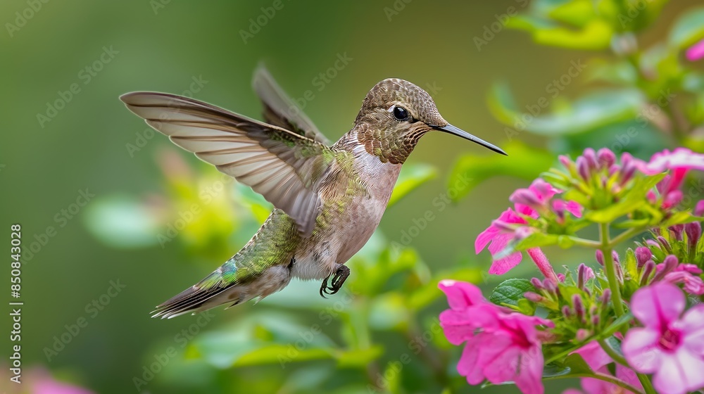 Obraz premium A focused hummingbird mid-flight, approaching a blooming flower, with its wings a blur of motion and vibrant colors all around.