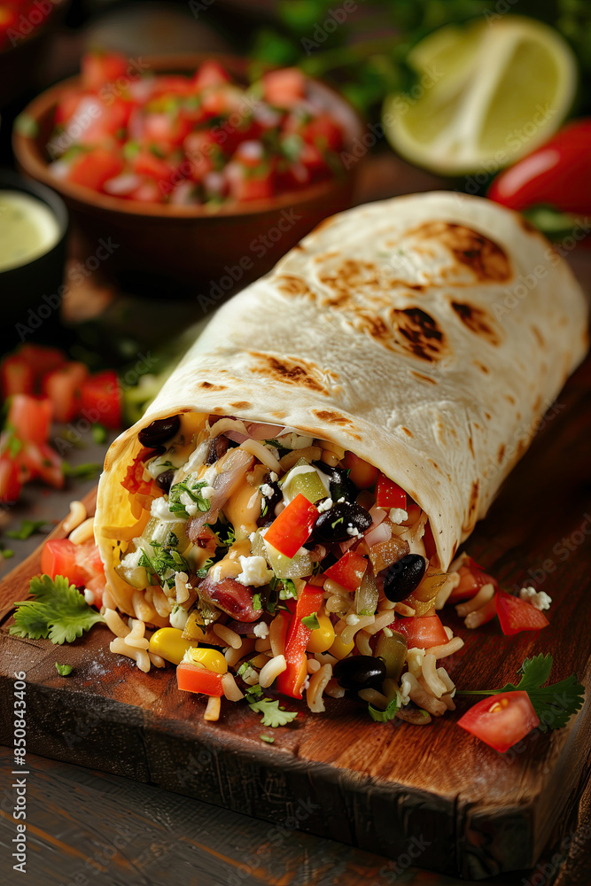 Mexican burrito with meat, vegetables and sauce Mexican burrito with meat, vegetables and sauce