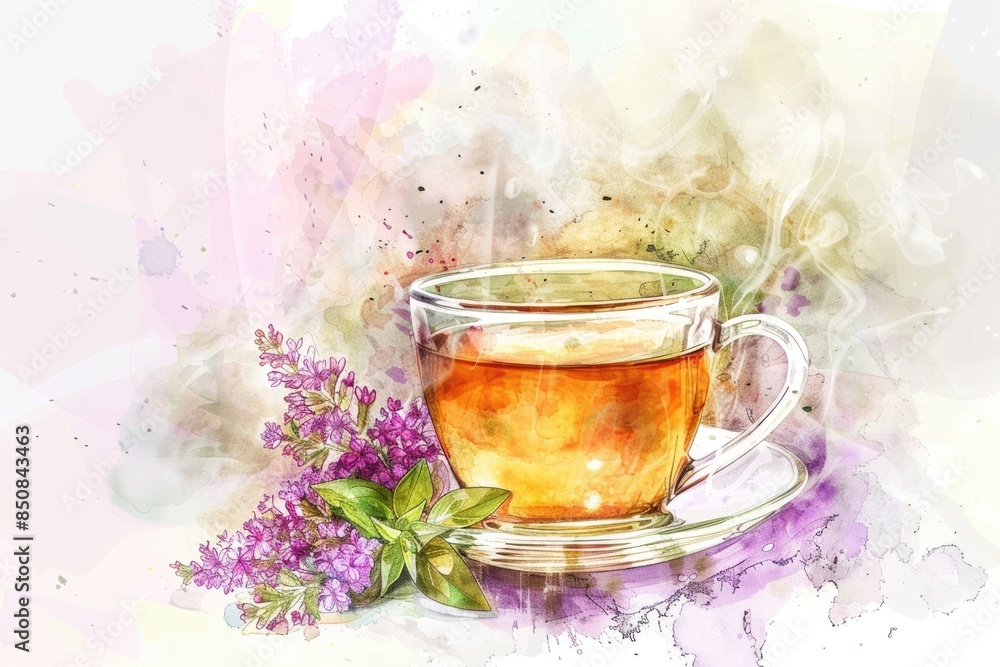 Hand-drawn Watercolor Tea and Verbena Beverage in Vintage Porcelain Cup Hand-drawn Watercolor Tea and Verbena Beverage in Vintage Porcelain Cup