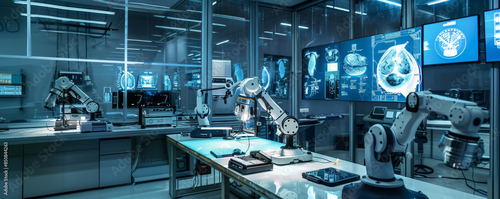 A high-tech laboratory with robotic arms and holographic monitors.