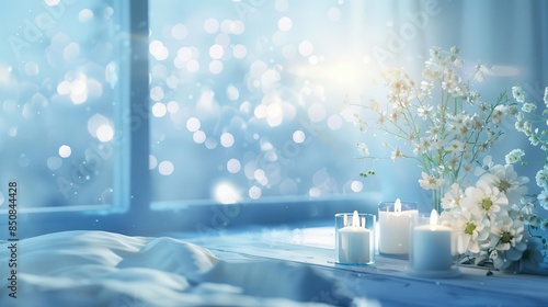 cozy light blue bedroom with flowers and candles blurred view with large window interior design digital illustration photo
