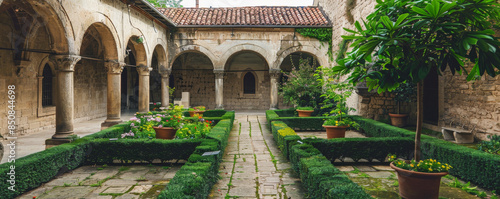 A medieval monastery with stone cloisters and lush gardens.
