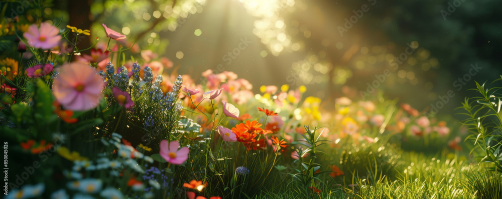 A peaceful meadow with colorful flowers and gentle sunlight. A peaceful meadow with colorful flowers and gentle sunlight.