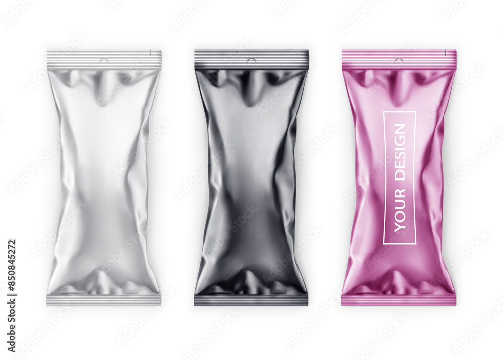 Set of Metallic flow-pack packaging for snacks or chocolate bars realistic mockup. Template food branding and design. Isolated. PNG Illustration. Set of Metallic flow-pack packaging for snacks or chocolate bars realistic mockup. Template food branding and design. Isolated. PNG Illustration.