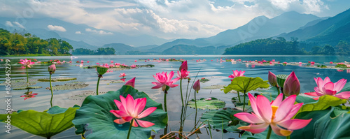 Obraz na plátně A picturesque lakeside with blooming lotus flowers and a tranquil sky