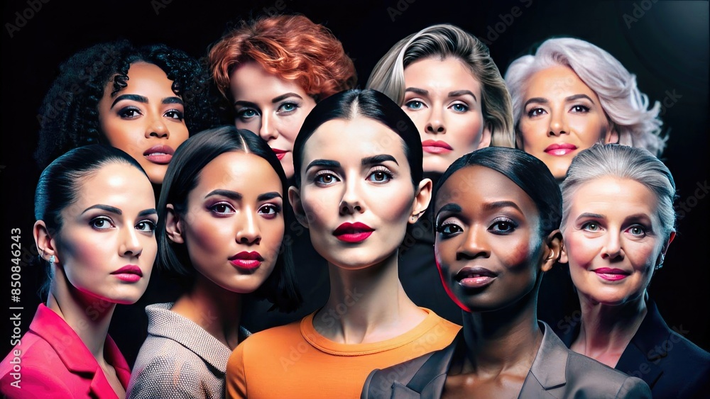 A diverse group of confident women dressed in professional attire, united in a powerful portrait. Diversity of ages, ethnicities and styles reflects strength, unity and empowerment A diverse group of confident women dressed in professional attire, united in a powerful portrait. Diversity of ages, ethnicities and styles reflects strength, unity and empowerment