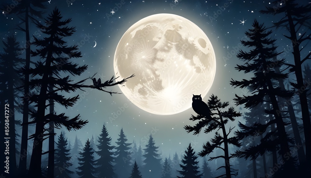 Obraz premium A crescent moon in a starry night sky, with the silhouettes of pine trees and owls soaring