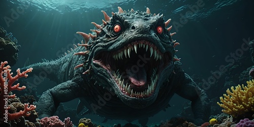 wallpaper representing a hypocaliptic scene with a maginary sea monster, at the bottom of the ocean. photo