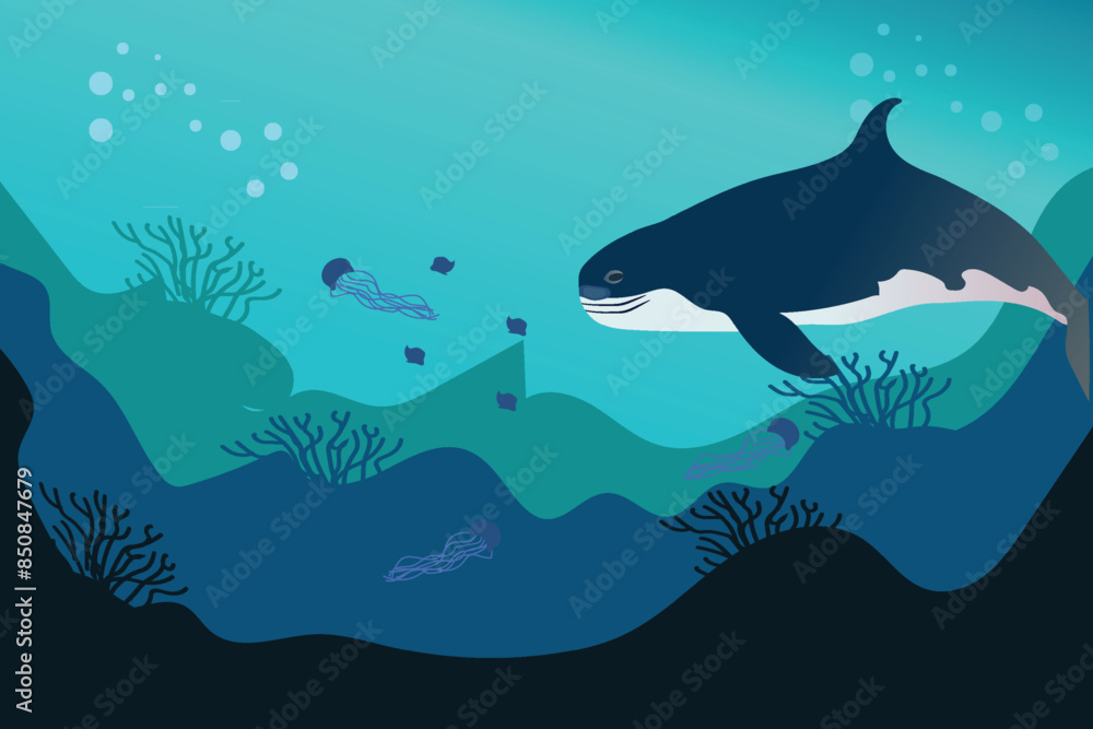 Obraz premium Watercolor background with jellyfish, dolphin, whale, fish for world oceans day