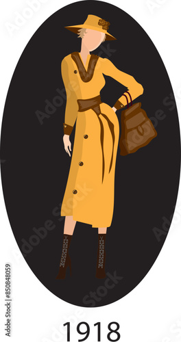 Illustration Vector isolated of fashion woman 1918 dress model, dress history, fashion evolution.