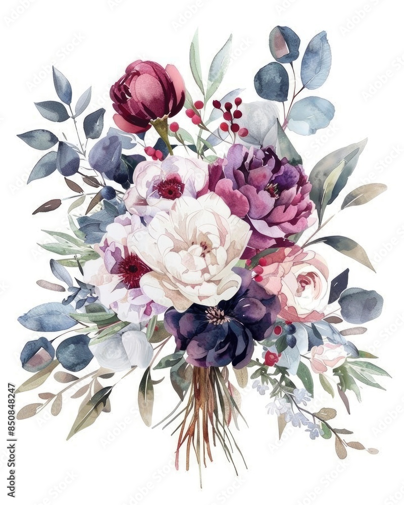 Fototapeta premium Romantic Winter Bouquet in Watercolor Illustration for Wedding Celebration