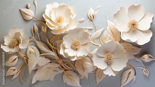 3D mural wallpaper flowers in gold and cream colors