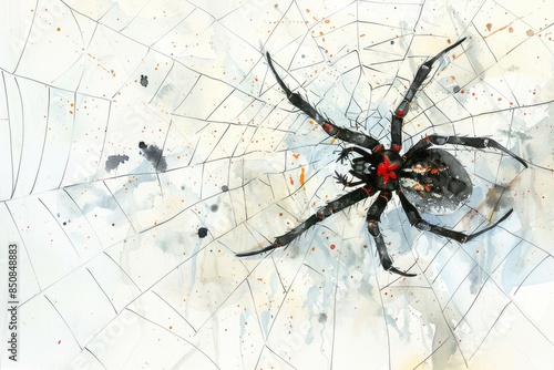 Sinister Spider: Watercolor Arachnid Illustration Dangling from a Web on Eerie White Background