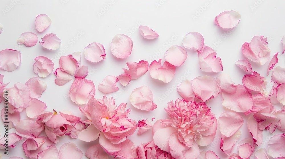 Obraz premium delicate pink peony flower petals on white background floral top view composition