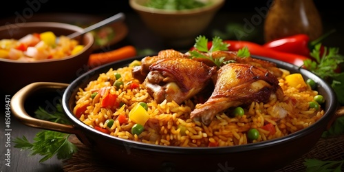Spicy Jollof Rice with Colorful Chicken and Vegetables A Vibrant West African Dish. Concept West African Cuisine, Jollof Rice, Spicy Dishes, Colorful Ingredients, Vibrant Meals