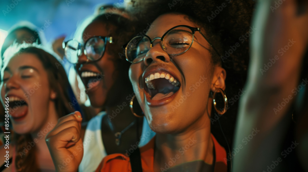 Vibrant crowd of energetic young adults singing and enjoying a concert, showcasing joy, excitement, and community spirit. Vibrant crowd of energetic young adults singing and enjoying a concert, showcasing joy, excitement, and community spirit.