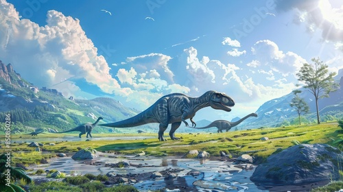 Fototapeta Naklejka Na Ścianę i Meble -  dinosaurs roaming triassic period landscape with green grass and blue sky digital illustration