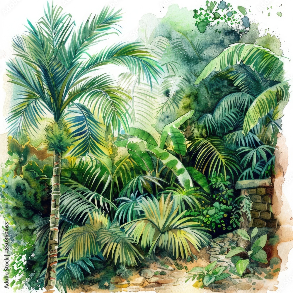 Tropical Paradise Oasis with Hand-Painted Watercolor Botanical Elements Tropical Paradise Oasis with Hand-Painted Watercolor Botanical Elements