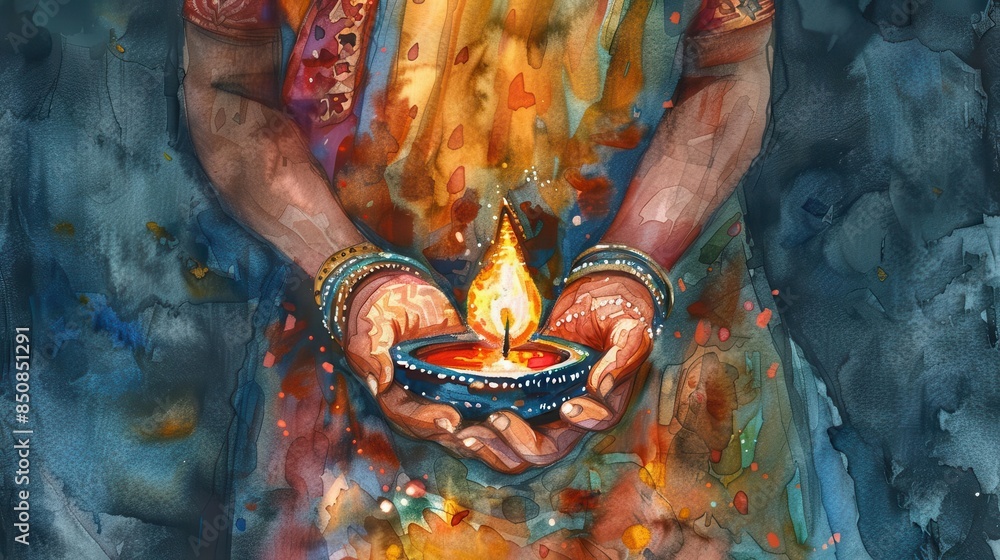 Fototapeta premium diwali devotion womans hands holding lit diya lamp in spiritual celebration watercolor illustration