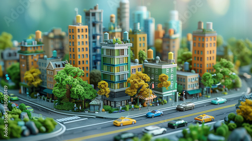 Paysage urbain vert avec immeubles d'affaires, voitures et silhouettes : des projets à impacts et croissance verte des organisations et des entreprises, RSE et développement durable au travail