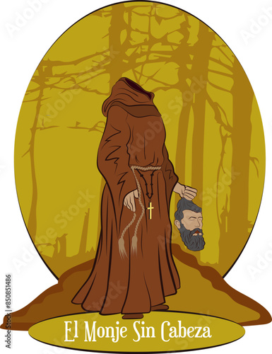 Illustration vector isolated of Colombian Mythical creatures, Monje Sin Cabeza, headless monk.