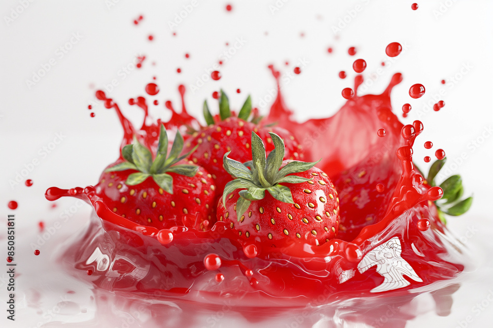 strawberries in water, A luscious strawberry juice splash frozen in mid-air on a solid white canvas strawberries in water, A luscious strawberry juice splash frozen in mid-air on a solid white canvas