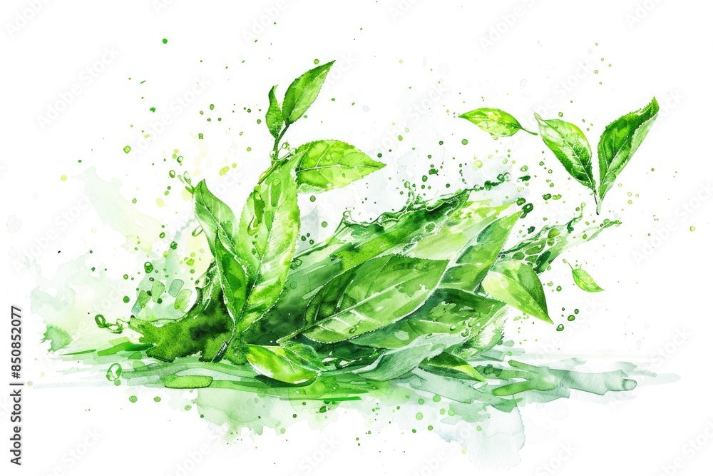 Warm Tea Break: Hand-Drawn Watercolor Illustration of Fresh Green Tea Leaf Heap Warm Tea Break: Hand-Drawn Watercolor Illustration of Fresh Green Tea Leaf Heap