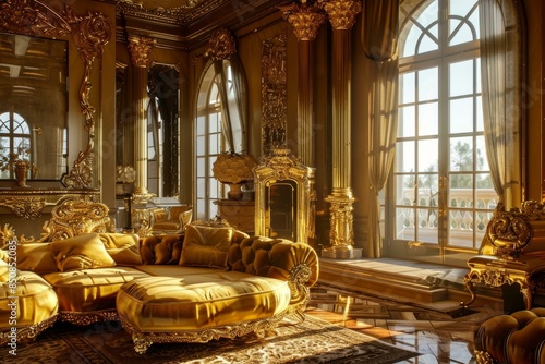 Opulent room in a palace bathed in warm sunlight, showcasing luxurious antique furniture