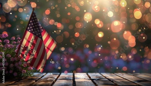 American Flag Draped on Wooden Table With Bokeh Lights