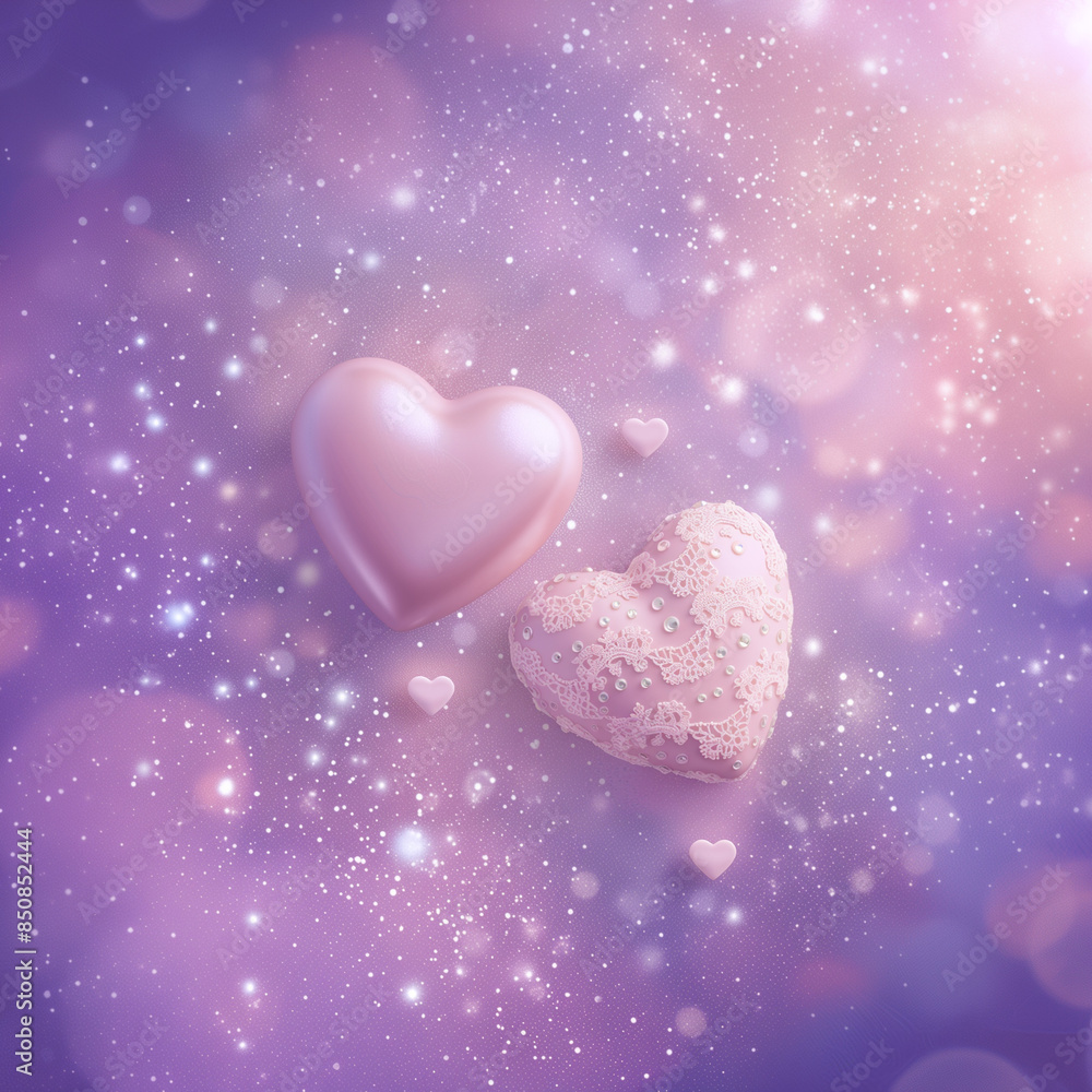 two pink hearts with lace and pearls floating in the air on a purple background with stars and sparkles, in front of an ombre blue to violet gradient sky, shimmering glittery background, dreamcore, lo two pink hearts with lace and pearls floating in the air on a purple background with stars and sparkles, in front of an ombre blue to violet gradient sky, shimmering glittery background, dreamcore, lo