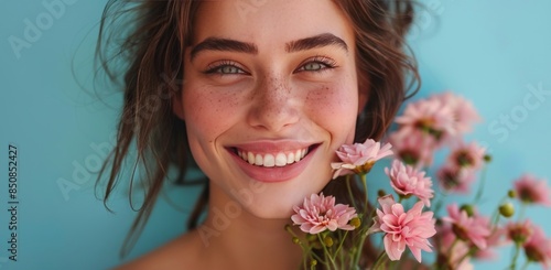 Young Woman Smiling and Holding Pink Flowers Against Pink Wall