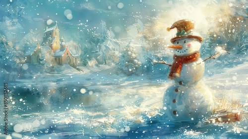 dreamy snowman spreading holiday cheer in a whimsical winter wonderland digital painting