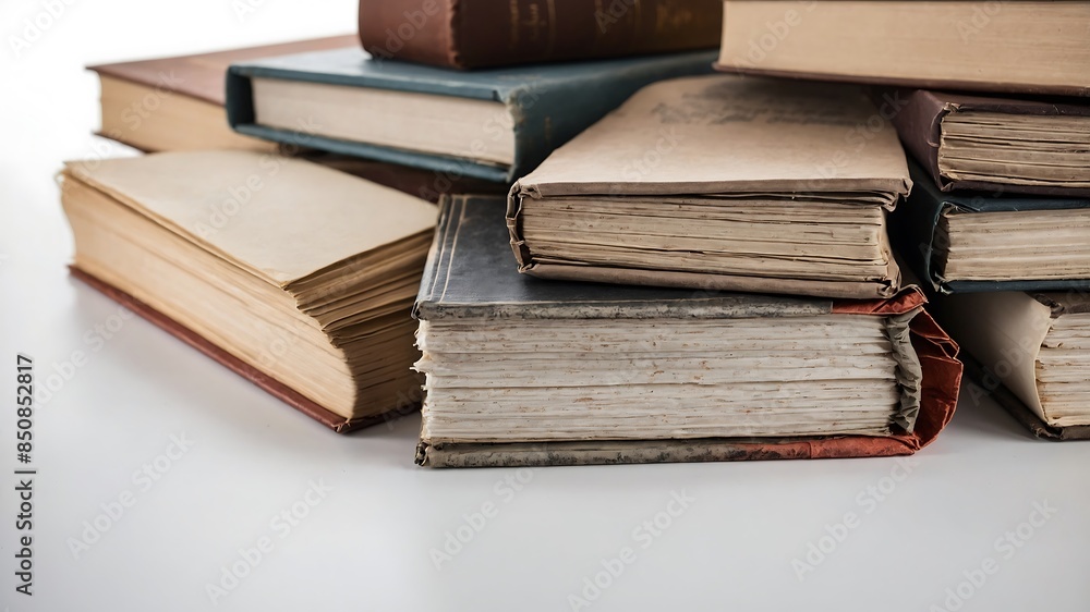 Stack of books on wooden surface, isolated on white background