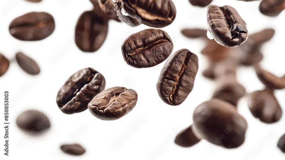 dynamic closeup of falling coffee beans isolated on white background food photography dynamic closeup of falling coffee beans isolated on white background food photography