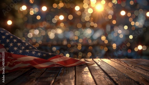 American Flag Draped on Wooden Table With Bokeh Lights