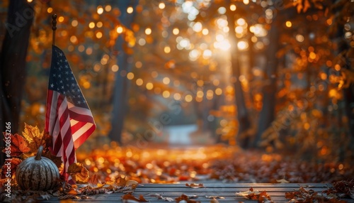 American Flag Draped on Wooden Table With Bokeh Lights
