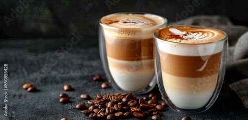Two Cups of Latte With Coffee Beans on a Dark Surface