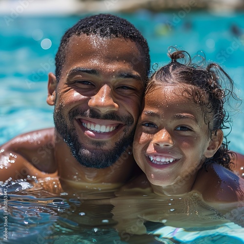 Experience summer delight as a smiling American father and his daughter enjoy a swim on their vacation, capturing moments of joy, family bonding, and relaxation by the pool. © Roberto