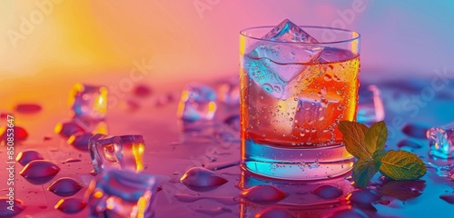 Glass of Water With Ice and Mint on a Table With a Colorful Background