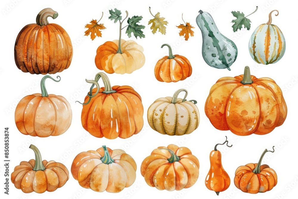 Whimsical Pumpkin Set. Fairytale Harvest with Watercolor Illustrations in Vibrant Colors Whimsical Pumpkin Set. Fairytale Harvest with Watercolor Illustrations in Vibrant Colors