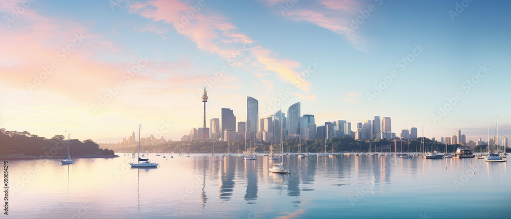 Fototapeta premium Serene City Sunset by the Water