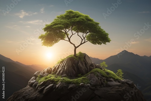 Tree growing alone under the sunrise in the mountain top photo