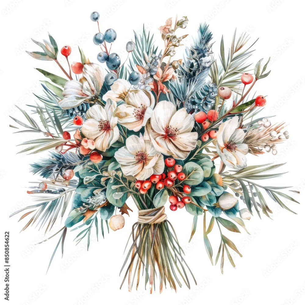 Obraz premium Winter Wedding Bouquet with Watercolor Roses and Pine Branches on White Background