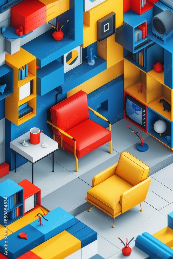 A colorful room with a chair, table and television in it, AI A colorful room with a chair, table and television in it, AI