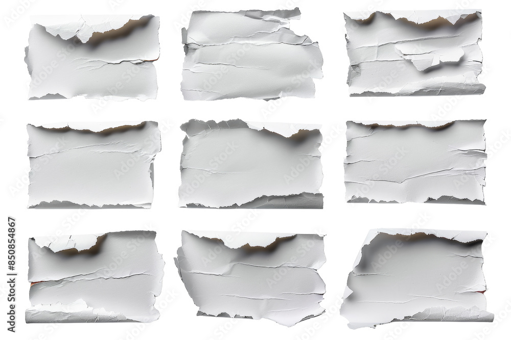 Nine pieces of torn white paper arranged neatly on a plain white background, highlighting different textures and jagged edges. Nine pieces of torn white paper arranged neatly on a plain white background, highlighting different textures and jagged edges.